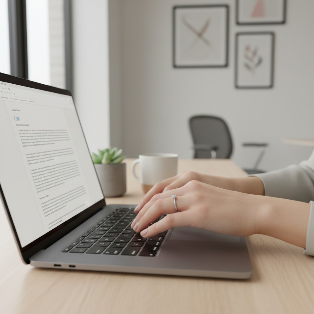 Osoba pisząca na klawiaturze laptopa przy biurku w jasnym biurze.